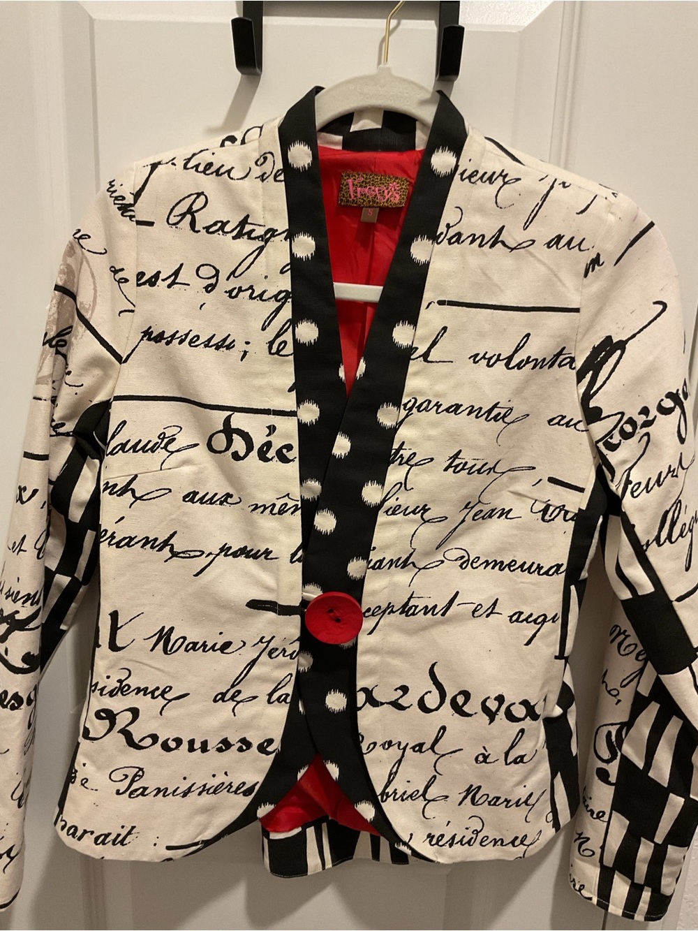 Frexy’s Script Print Jacket with Red Accent button Fully lined size Small